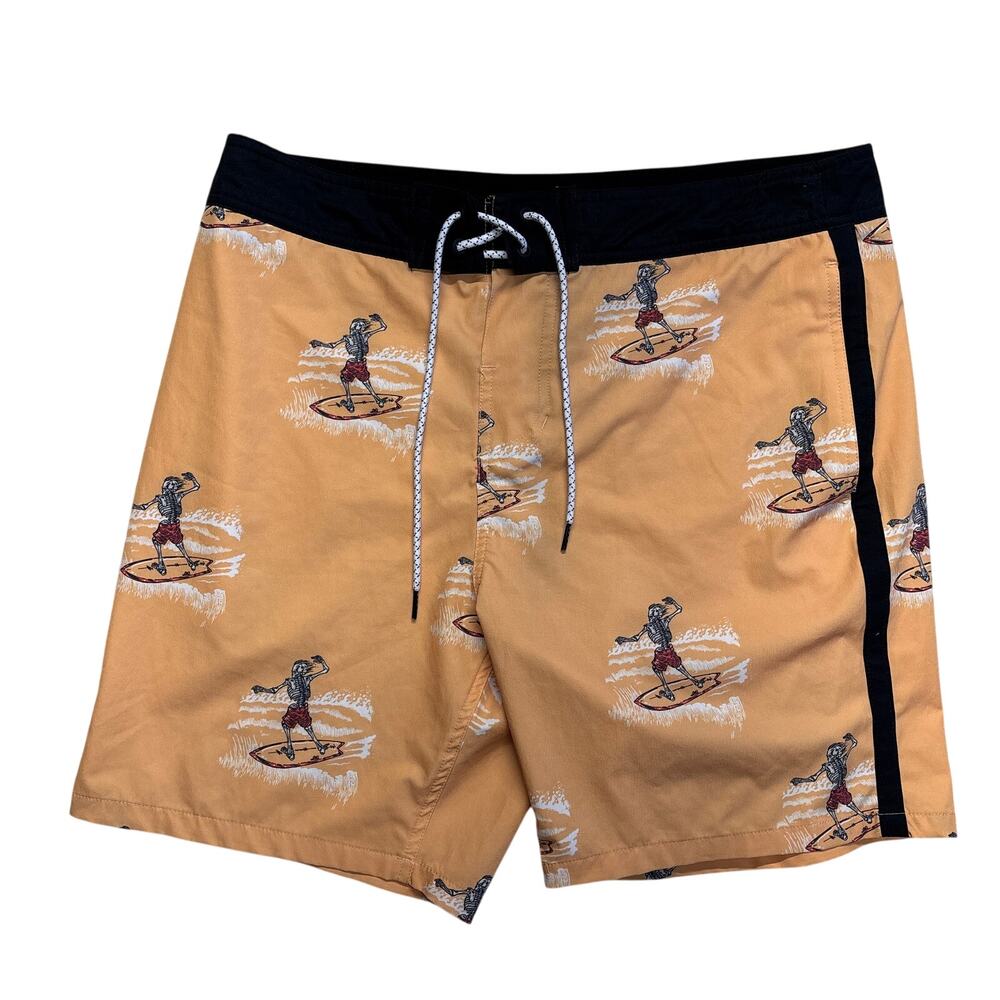 Lost Board Shorts 34 Yellow Mens Skeleton Surfing AOP Swim Trunks Beach Vacation